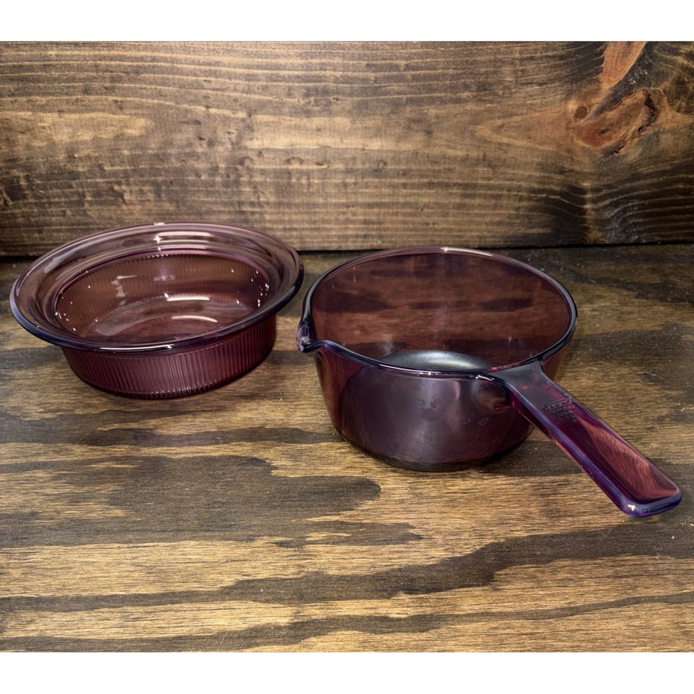 Corning Ware Visions Cranberry 1 Liter Sauce Pan and Round V-30-B 24oz Dish